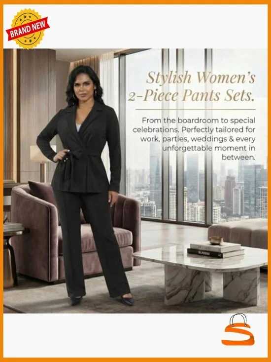 Professional Two-Piece Pantsuit Set with Belt, Polyester Spandex, S-2XL - Picture 4 of 7